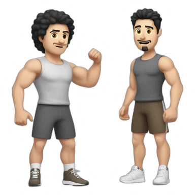 Full height Actively gesturing with hands Pale skinned Fit Man With the biceps and black hair with Bristle in dark gray Sleeveless Mike, brown oversize sports shorts and white Sneakers sticker
