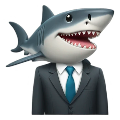 A shark sitting on a table wearing a suit looking straight sticker