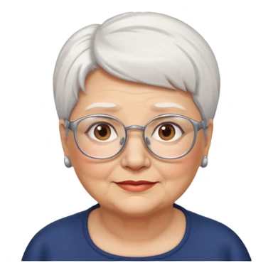 Create me emoji of an old mid-fat lady. Short white hair to left side. Square glasses. Brown eyes. Without any earings. Long head sticker