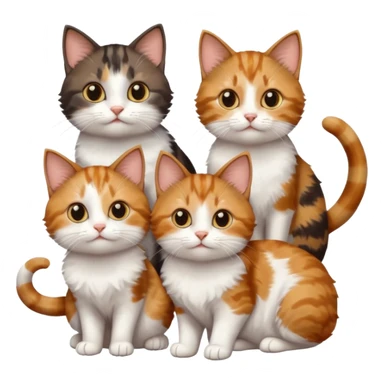 3 different coloured small cats including a dark brown tabby and white, and a patchy calico, and a ginger and white sticker