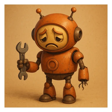 A 3D robot with a broken arm, holding a wrench, with a sad face, bufo style sticker