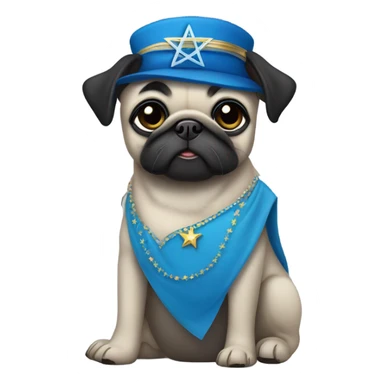 Black pug in a blue dress with a Jewish star on the dress sticker