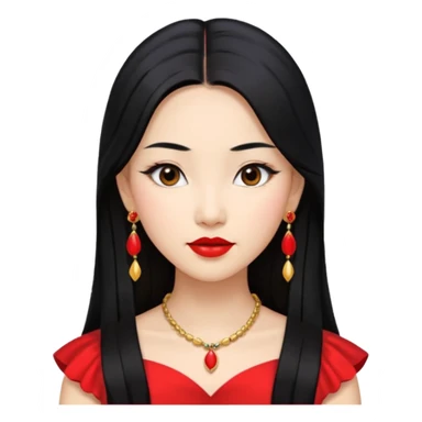30 yr old asian woman, center part straight long black hair, very pretty, fancy dress, earings, red lipstick sticker