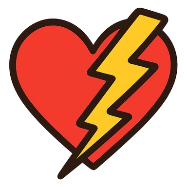 flat toon style heart with a lightning bolt, bold colors sticker