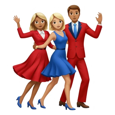 Two people. Man wearing all  RED with brown hair. Women  ALL blue with blond hair. Swing Dancing.  sticker