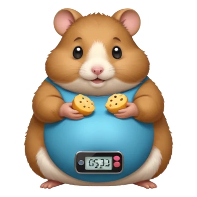 fat hamster holding pregnant belly smiling holding a tiny food scale sticker