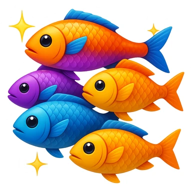 A pile of fish arranged in a pyramid formation with a sparkle effect, in the style of apple emojis, with no background, shiny and crisp emoji style. sticker