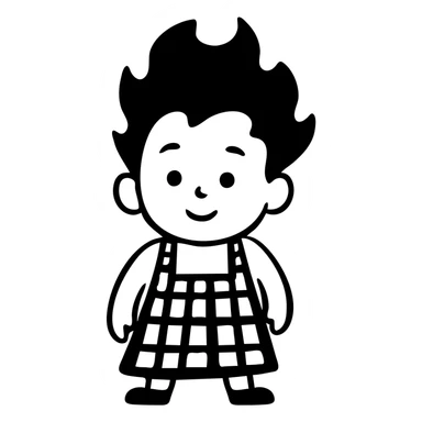 chubby boy with black hair styled upward in front, wearing a red and white checkered plaid apron sticker