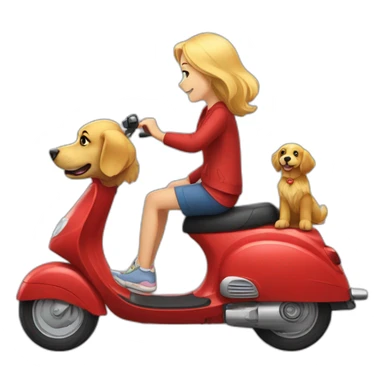 Golden retriever in a red scooter with a girl sticker