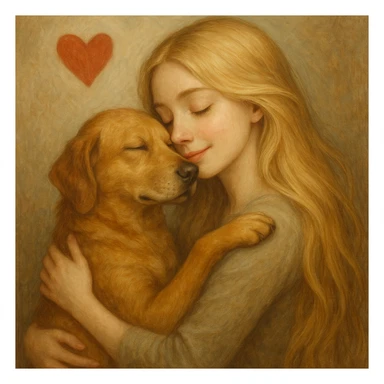 A pretty woman with pale skin and very long blonde hair embracing a dog, a heart floating around her. sticker