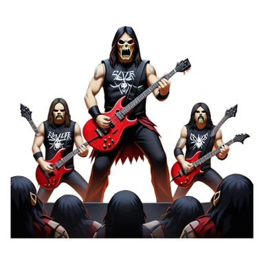 Icon for Heavy Metal: Slayer band on stage during a live concert, with guitars, drums, and intense lighting effects. The atmosphere is charged with energy, and the iconic Slayer logo is visible. Transparent background. sticker