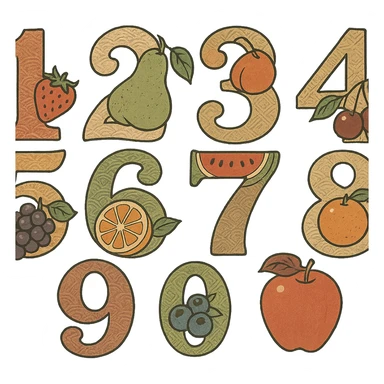 ukiyo-e style numbers with fruit motifs, traditional Japanese illustration sticker