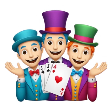 3 poker cards, with crazy colorful human jolly jokers inside, puppeteers sticker