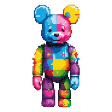 Pixel art KAWS Bearbrick figure with a happy smiling face, bright colors, and blocky bear shape sticker