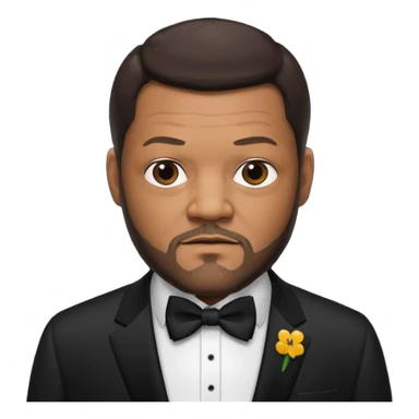Laurence Fishburne with dark brown hair and short beard, black suit with bow tie sticker