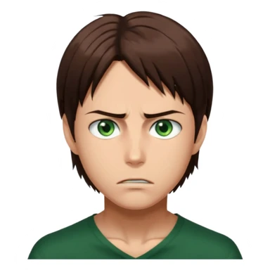 “Create an avatar that looks like Eren Yeager from Attack on Titan, Season 4 — sharp jawline, tied-back long brown hair, intense green eyes. Normal expression.  sticker