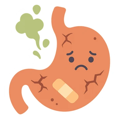 cartoon icon of a stomach character with cracks or holes, sad face, acid splashes, bandages, cute but informative medical style sticker