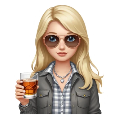 girl
blue eyes
long blond hair with daisy in it
wearing grey/white plaid shirt
wearing aviator sunglasses
wearing silver necklace around her neck
holding a glass of whiskey 
wearing rose gold apple watch  sticker