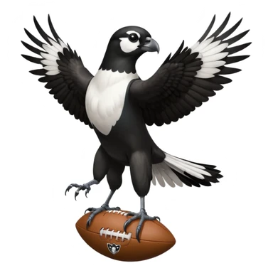 A magpie standing on top of a hawk that's tiered and the magpies holding a afl ball sticker