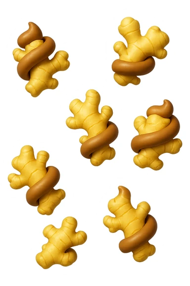 emoji stile iphone 3d di 6 piccoli pezzi di zenzero che fluttuano in aria con pezzi di colon arrotolati intorno, iperrealistico 4k sticker