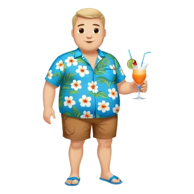 chubby guy full figure in a flowered azure havai shirt, brown shorts and flippers holding a cocktail sticker