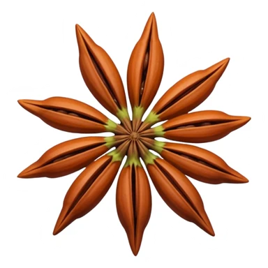 whole star anise pods, one or two, reddish-brown, eight pointed arms, perfect star, smooth and glossy, visible seeds, woody crisp, no extras, soft lighting, transparent background, emoji scale sticker