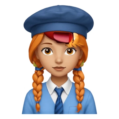 orange braided hair girl, wearing white shir, a brown berret Hat, Blue Necktie sticker
