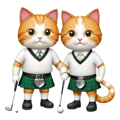 two cats in love playing golf in Scotland, wearing kilts, with a famous Scottish landmark in the background sticker