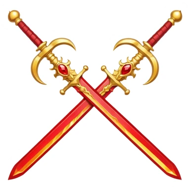 Two crossed swords that are golden in blade and handle and have fiery and royal appearence to them as well as red gem stones sticker