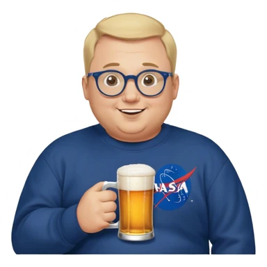 happy chubby man, drinks a beer,  blond short and hight receding hairline, wearing a dark blue sweatshirt, nasa logo on the sweatshirt, round glasses without frame, 40 years old sticker