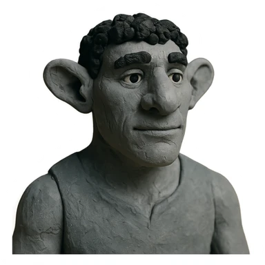 firbolg from DnD with gray skin, black curly hair, clean-shaven face, no beard in claymation style sticker