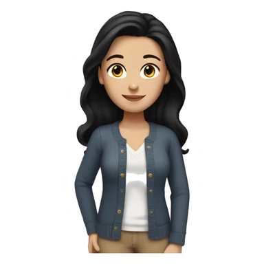 White girl with shoulder length black hair, no bangs, wearing a cardigan and jeans. sticker