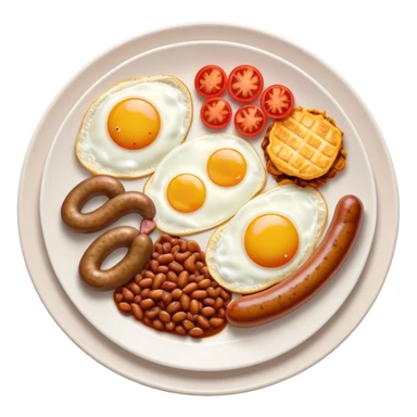 English Breakfast Cinematic Realistic English Breakfast Dish Emoji, depicted as a hearty plate featuring 2 sizzling sausages, a central serving of baked beans, 2 perfectly fried eggs, 2 sliced grilled tomatoes, 2 grilled mushrooms, and a triangle-shaped hash brown, rendered with vivid textures and warm, inviting lighting. sticker