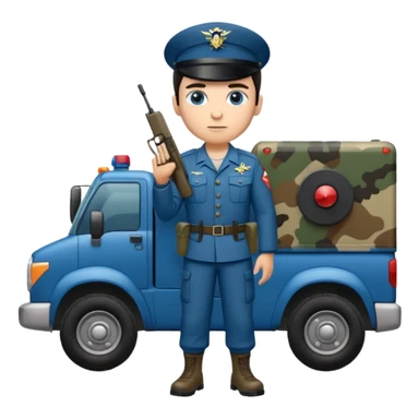 Full body of a dark haired blue eyed army man with radar truck weapon and wearing camo uniform  sticker