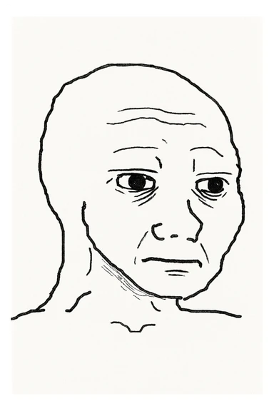 classic Wojak meme face, simple black outline, white fill, neutral expression sticker