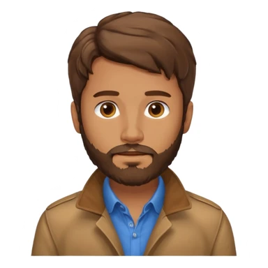 Avatar of a bearded man with wavy brown hair, wearing a brown jacket over a blue shirt, on a light blue background. sticker