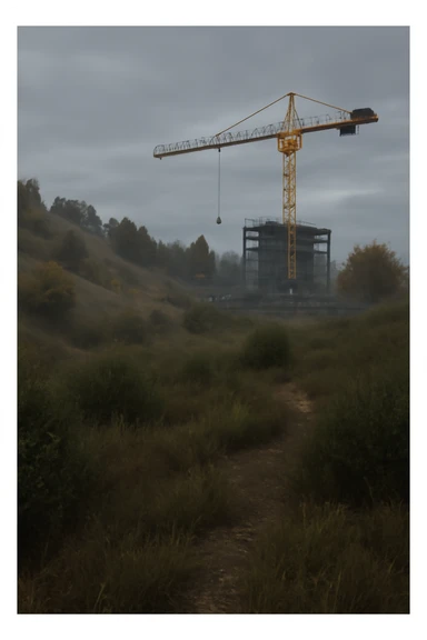  a scene amongst hills and bushes in the game DAYZ with a construction site and tall yellow crane in the background, screenshot, overcast day sticker