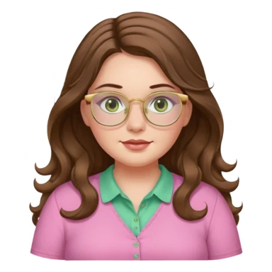 Girl girl long wavy brown hair with middle part, pale green eyes, plus size, pink shirt, gold rimmed glasses sticker