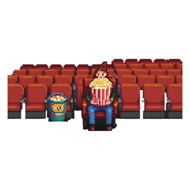 Pixel art person sitting in movie theater chair with popcorn bucket, watching big screen sticker