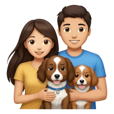 Long hair brunette asian girl and brunette Asian male couple happy. Only 2 people and a dog   sticker