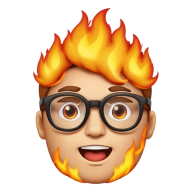 fiery nerd emoji with fire, thick glasses, burning, geeky expression sticker