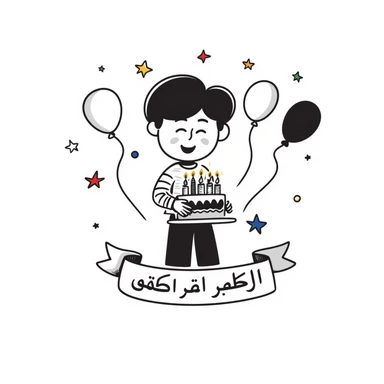 A very colorful, vibrant illustration of a happy little boy celebrating with a birthday cake with lit candles, colorful balloons and decorations. Include large, clear Persian text at the bottom that says: "امیدرضا جان تولدت مبارک" sticker