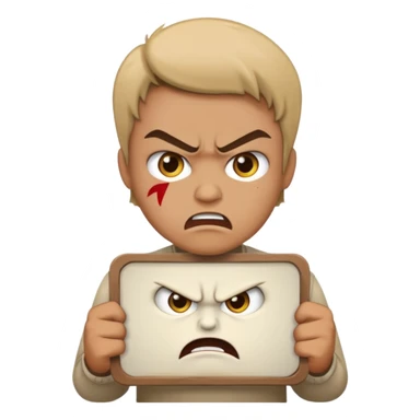 A protester with a sign with an angry face on the sign sticker