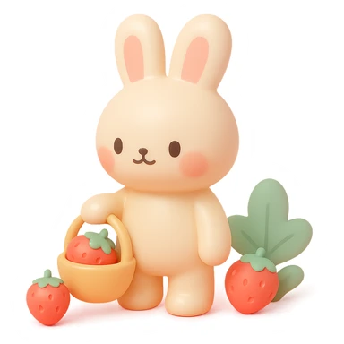 bunny picking strawberries in the woods, sweet pastel red, vinyl figure style sticker