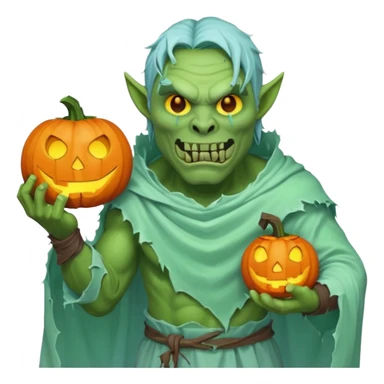 male orc ghost emoji, green skin, tusks, wearing torn white ghost sheet costume, holding glowing jack-o'-lantern, faint blue aura, friendly but spooky expression, Halloween fantasy theme, Apple emoji style, clean white background, square sticker