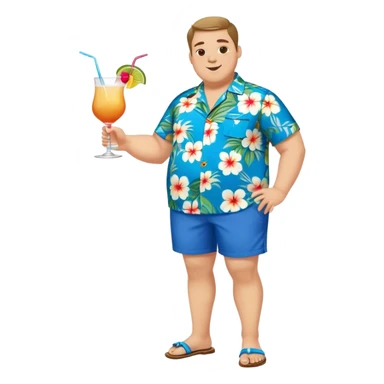 chubby guy full figure in a flowered azure havai shirt, brown shorts and flippers holding a cocktail sticker