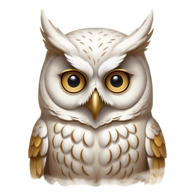 portrait of an ancient owl spirit known as “The White Owl of Oaths.”
Pale owl face emerging from mist and shadow.
No visible pupils, eyes glow softly gold or appear as deep void. 
Bone-white, warm gold, and soft shadow tones.
Centered, icon-style framing, limited palette sticker