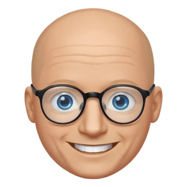 bald man with blue eyes and black eye glasses laughing sticker