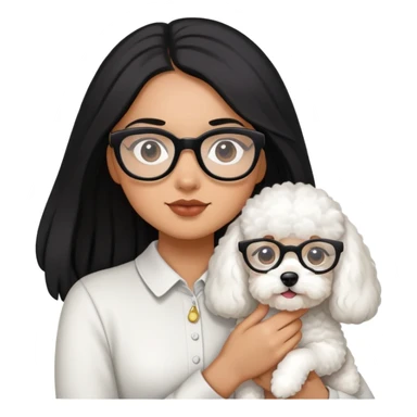 A girl with long black hair and glasses holding a bichon and a white devon sticker