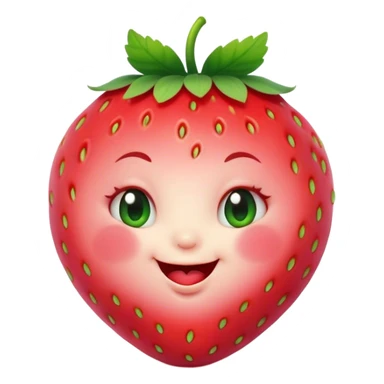 Cinematic plump happy strawberry, glossy bright red, tiny round eyes and blushing cheeks, green leafy top slightly tilted, cheerful and charming. sticker